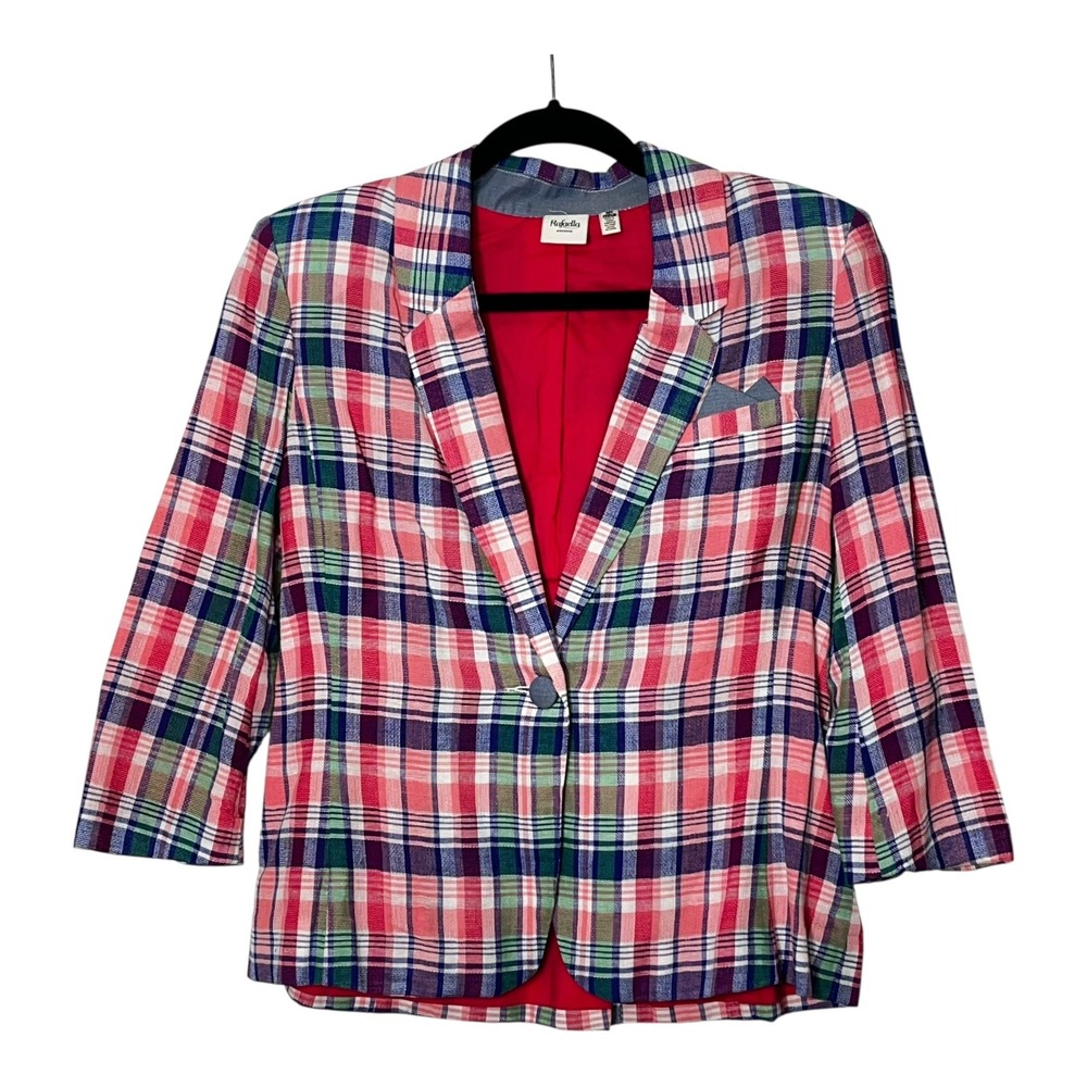 Rafaella Weekend Womens Petite SP Pink Plaid Cotton Linen Blazer PRJM8002 3/4